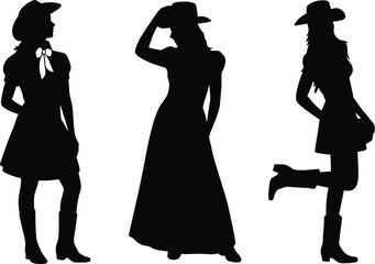 Silhouettes of cowgirl women, western fashion style, wearing boots and hats, country-themed female poses, retro rodeo concept, wild west attire illustrationSilhouettes of cowgirl women, western fas