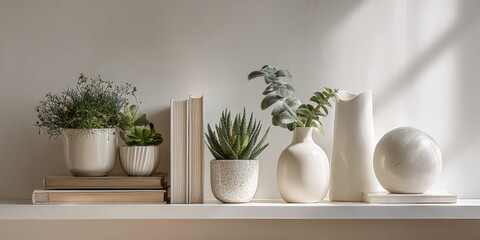Fototapeta premium Elegant Home Decor Still Life Featuring Plants, Vases, and Books in Natural Light