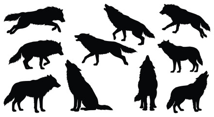 silhouettes of wolves in various dynamic poses