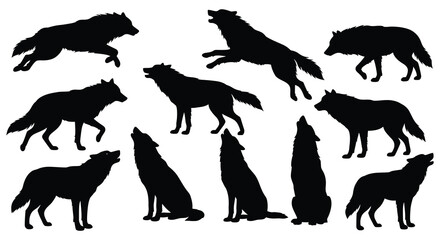 a group of wolves in various dynamic poses