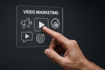 Interactive Video Marketing Interface: Hand Touching Play Button on Modern Digital Screen