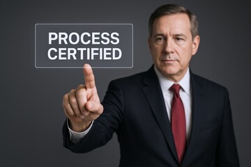 Obraz premium Professional Businessman Certifying a Process Digitally with Technological Integration, Demonstrating Expertise and Modern Business Acumen