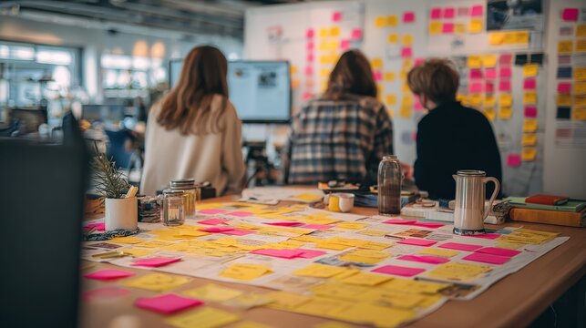 Collaborative Team Brainstorming Ideas with Sticky Notes in a Modern Office Environment
