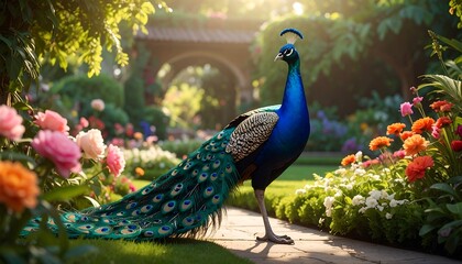Peacock in a vibrant garden