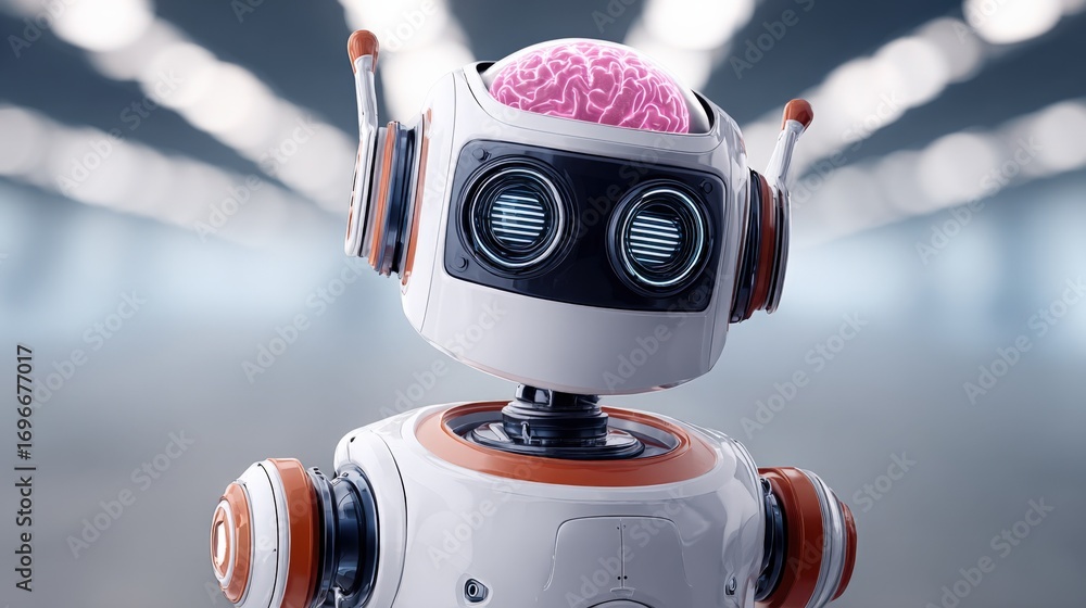 Poster robot with visible brain standing in hallway, artificial intelligence concept, futuristic technology