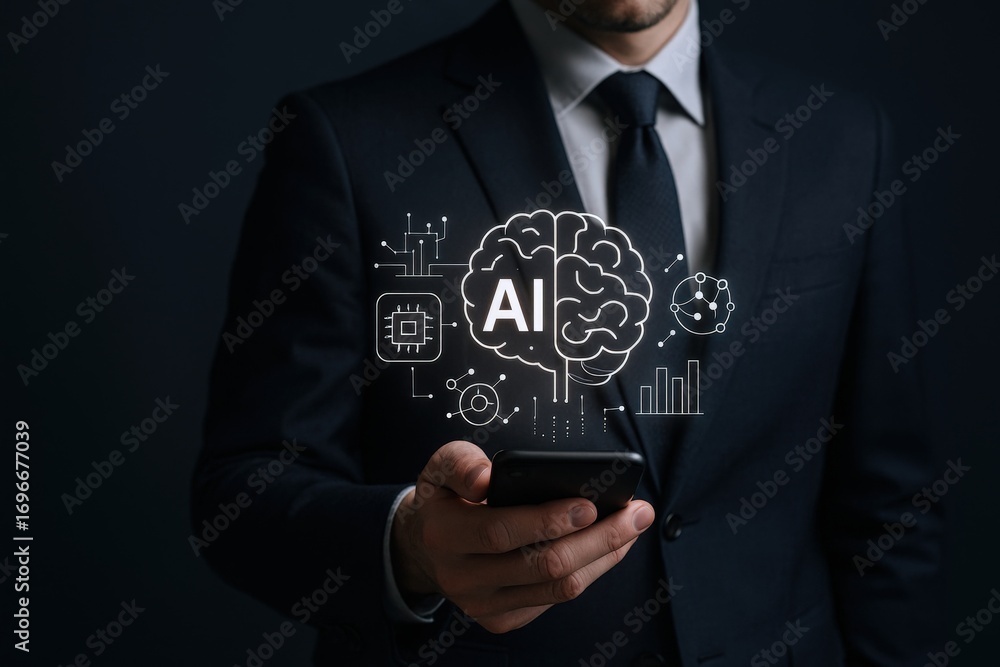 Poster ai integration into business showcased by a businessman holding a phone displaying ai interface tech