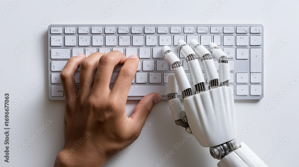 Poster human hand and robotic hand typing together on a keyboard, symbolizing human-machine collaboration a