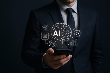 AI integration into business showcased by a businessman holding a phone displaying AI interface technology