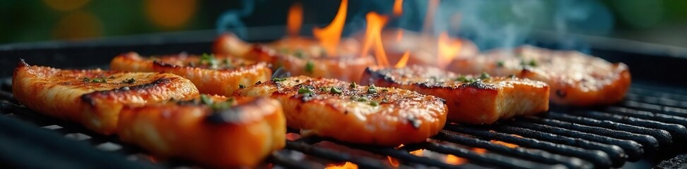 Close-up of sizzling grilled food on a barbecue grill, smoky atmosphere, delicious food, summer grilling ,  meat, barbecue,  appetite