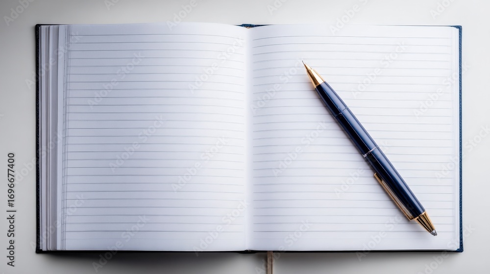 Poster open notebook with pen, ready for notes or journaling, providing a clean and minimalist workspace