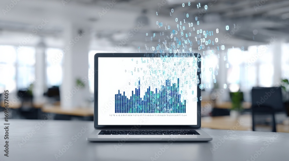 Poster data visualization on laptop display with digital binary code overlay in modern office environment