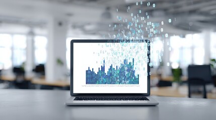 Data Visualization on Laptop Display with Digital Binary Code Overlay in Modern Office Environment