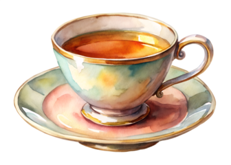 Watercolor Tea Cup and Saucer Illustration on Black Background for Stock
