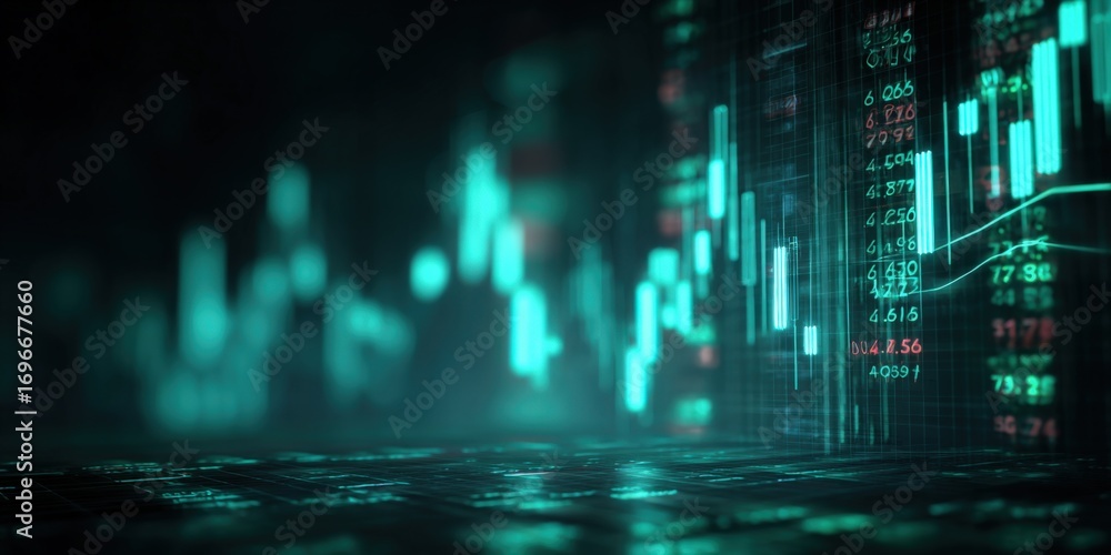 Poster abstract financial data visualization with digital stock market chart, teal and red on dark backgrou