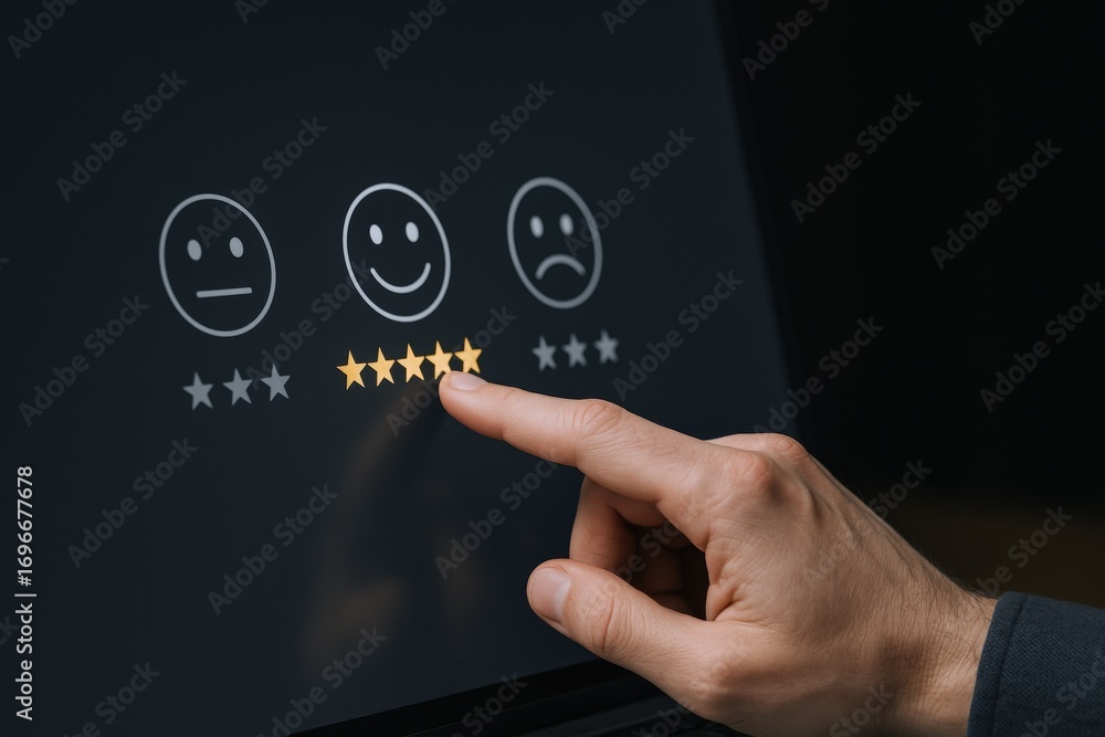 Poster customer experience feedback: hand selecting 4-star rating on digital interface for satisfaction sur