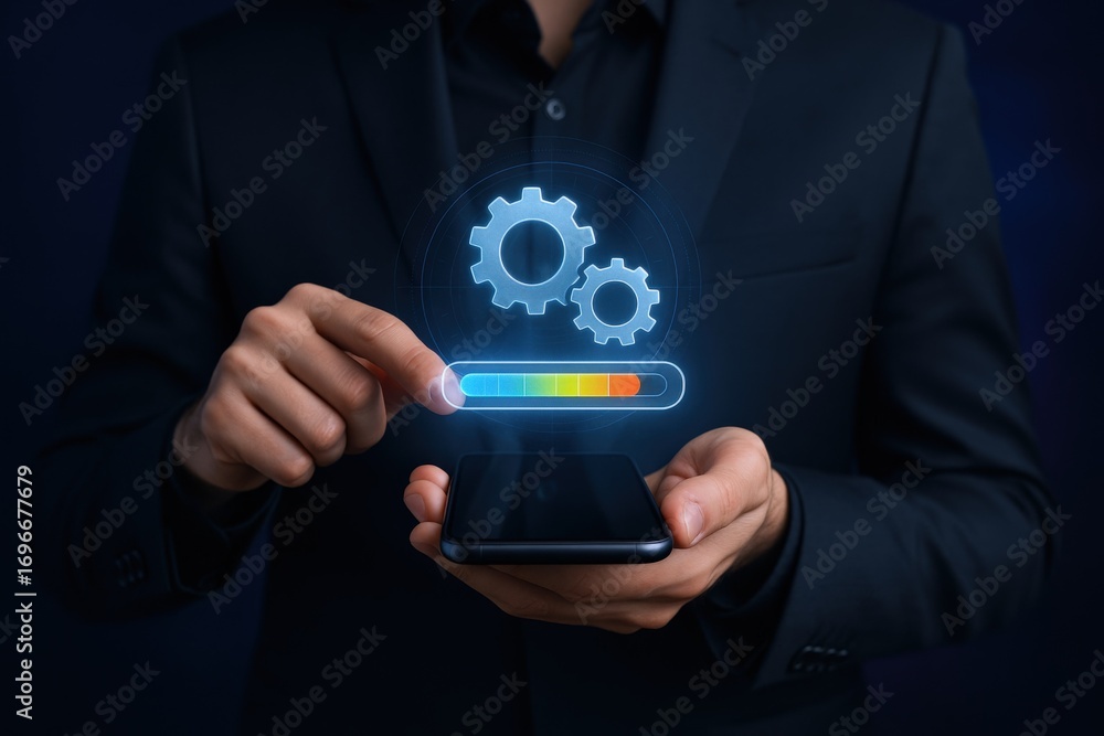 Poster software update concept: man holding smartphone with installation process and gear icons overlayed
