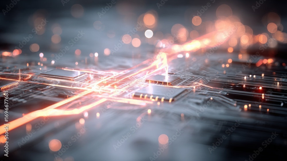 Poster futuristic circuit board with glowing traces: high-tech innovation and data flow visual representati
