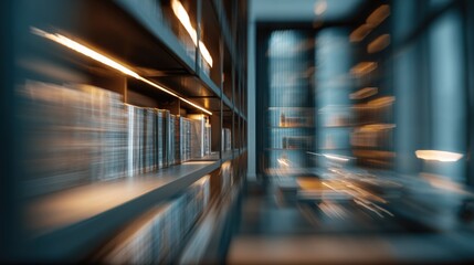 Abstract Bookshelf with Warm Lighting and Motion Blur: Interior Design, Knowledge, and Learning Concept