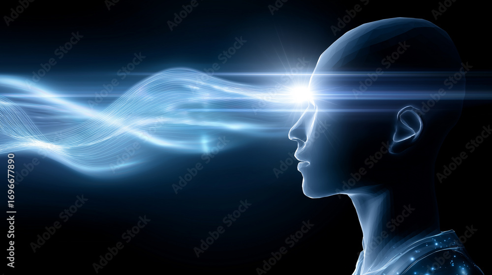 Poster digital human figure with glowing data streams through the head, symbolizing artificial intelligence