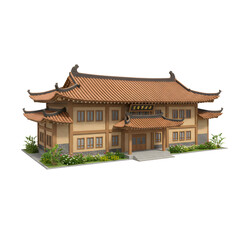 Obraz premium Traditional Asian Building with Terracotta Roof and Lush Garden Detail.