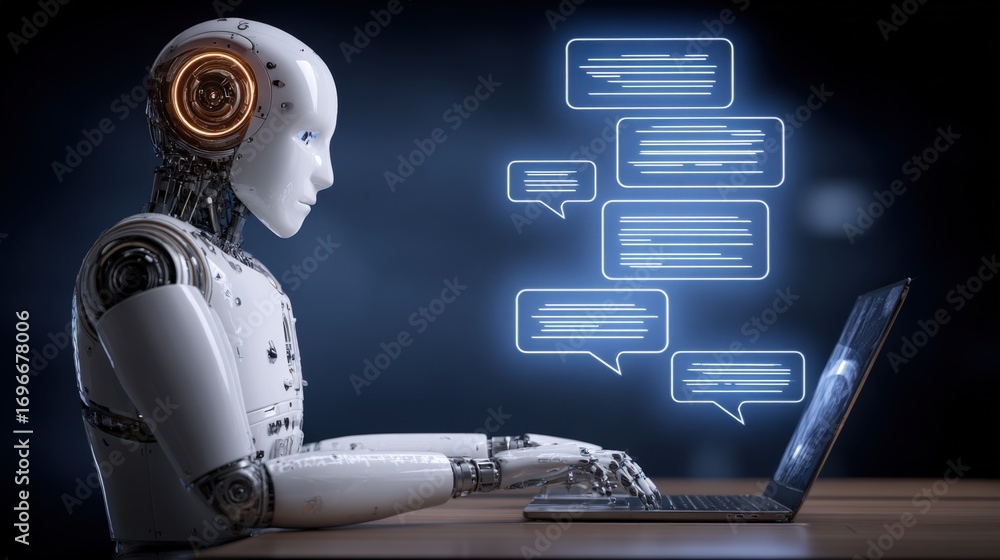 Poster futuristic humanoid robot typing on laptop with speech bubbles displayed, representing ai communicat
