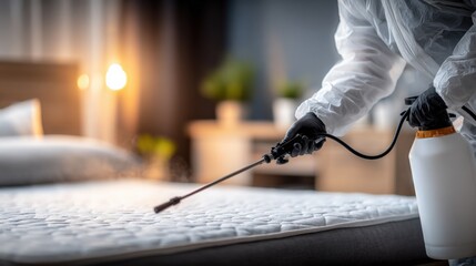 Pest Control Specialist Sprays Mattress in Protective Suit for Bed Bug Extermination and Allergen Treatment