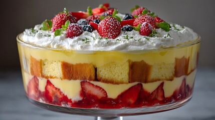 Indulgent layered berry trifle dessert crowned with whipped cream and fresh fruit