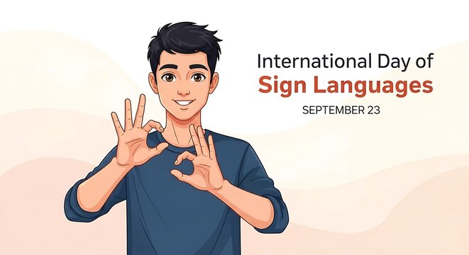 Young man using hand gestures for the International Day of Sign Language, a celebration of deaf culture and communication - Powered by Adobe