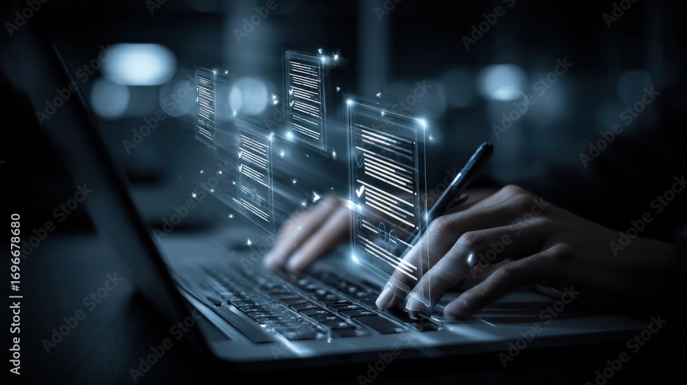 Poster digital document management: woman working on laptop with holographic data overlays, emphasizing mod
