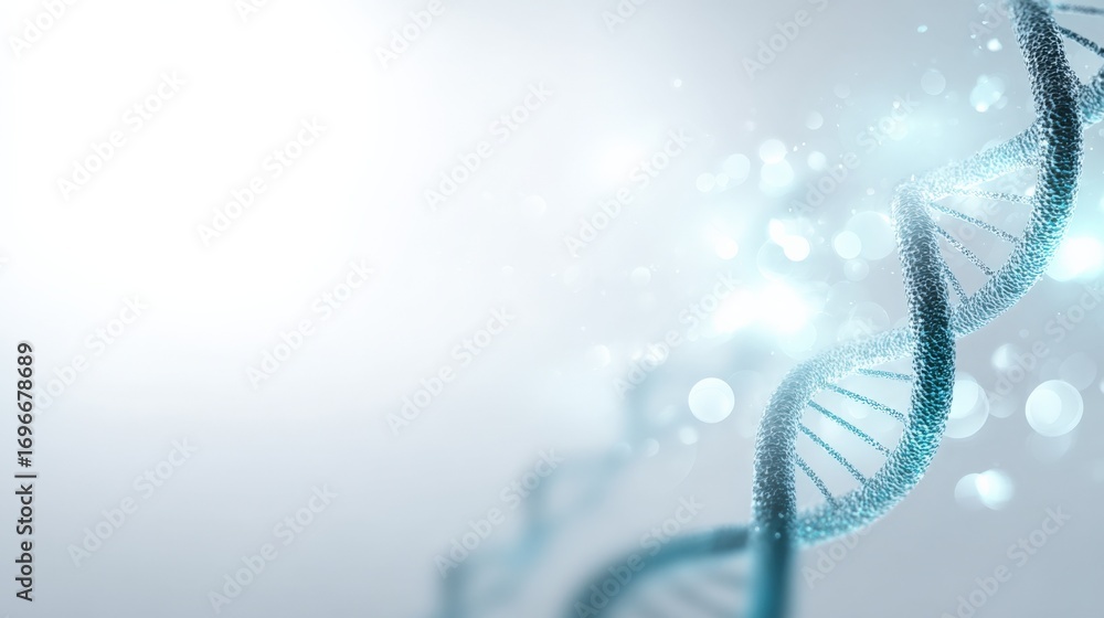 Poster abstract dna strand helix structure with bokeh light effects on a white background