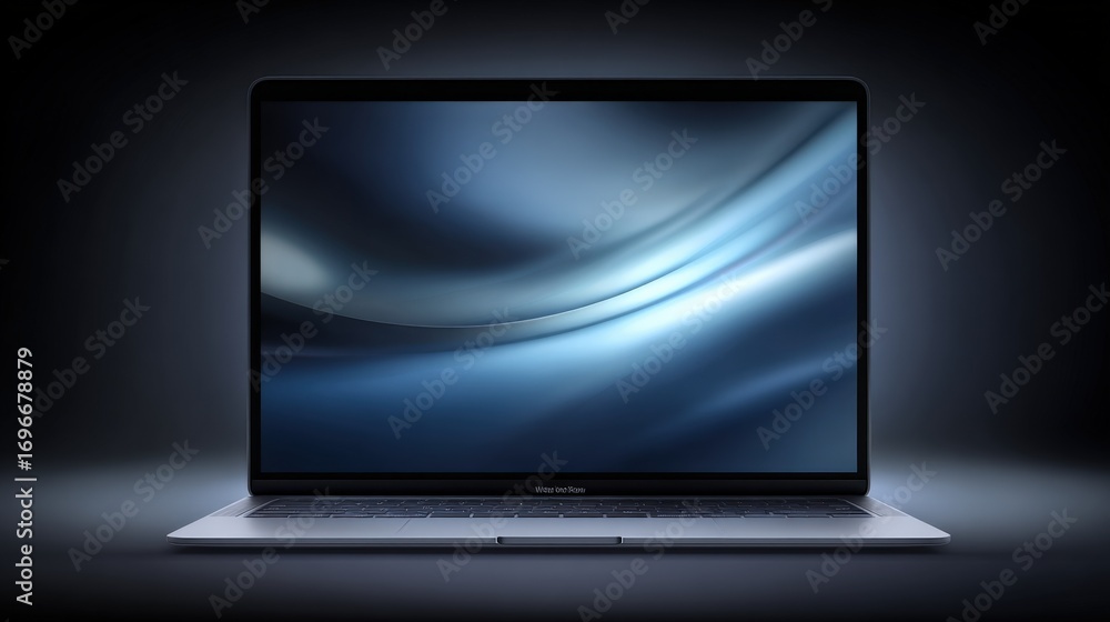 Poster sleek laptop displaying abstract blue screen, ideal for tech and design mockups in modern workspace
