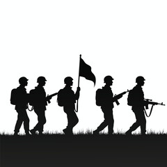 Soldiers marching with rifles and flag silhouette Keywords: soldier, military, army, march