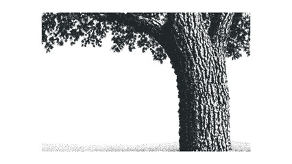 Textured tree trunk and foliage stippled monochrome graphic. Vector hand drawn illustration