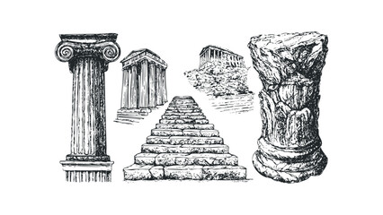 Ancient Greek architectural fragments sketch on a transparent background. Vector hand drawn illustration