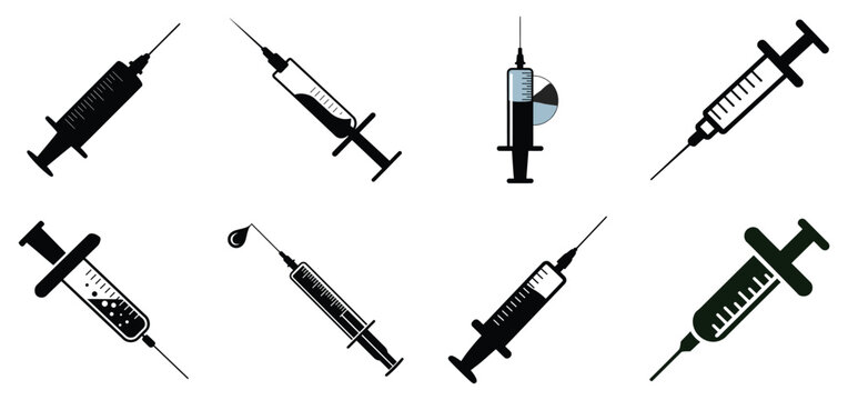 Set of syringe and needle icons. Medical injection silhouette collection