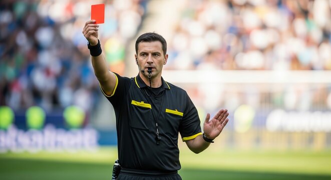 Referee shows red card during important match in stadium filled with enthusiastic fans - Powered by Adobe