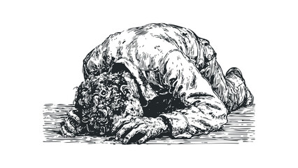 Man in traditional clothing bowing head in submission. Vector hand drawn illustration