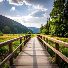 A wooden bridge stretches across a grassy meadow, leading into a serene valley framed by lush forests and a vibrant sky.