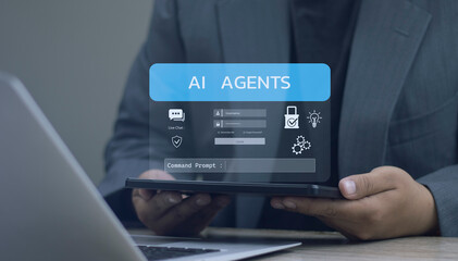 AI Agent Concept uses a cutting-edge tablet-based interface to address artificial intelligence, machine learning, and automation in business and technology, digital, data analytics, and the future.