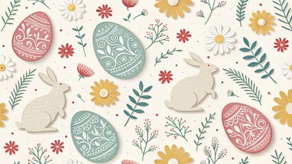 Easter celebration seamless pattern with hares and eggs creative design spring vibes floral background warm aesthetic