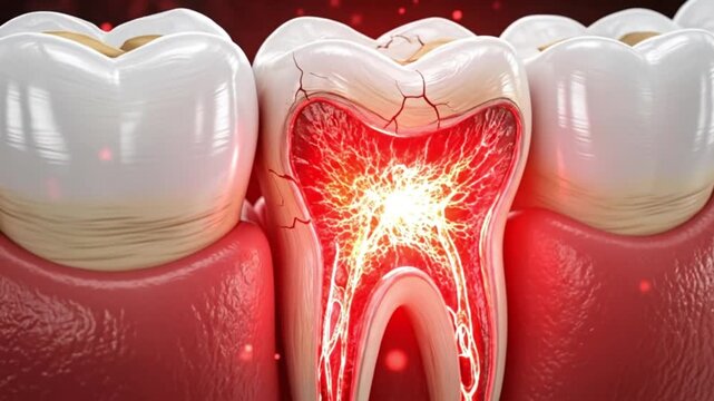 Illustration of a tooth with decay and nerve damage, showing the pain and inflammation isolated on white background dental problem and treatment