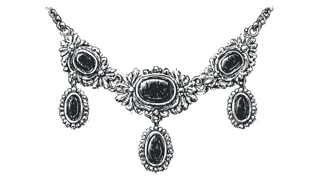 Ornate pendant necklace with oval dark gemstones and decorative chain links on transparent background. Vector hand drawn illustration