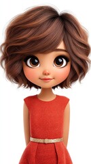 Lovely Cartoon Girl: A heartwarming cartoon portrait of a charming young girl in a vibrant red dress with a joyful expression and adorable features.