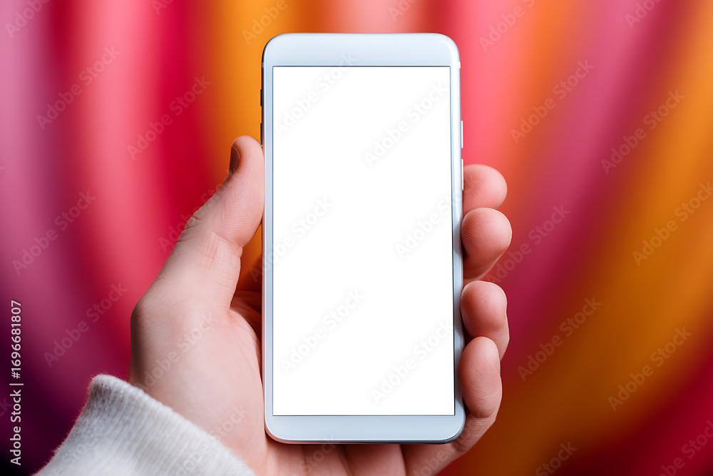 Poster Hand holding a mobile device with a white screen display, showcasing potential application or website designs against a vibrant color gradient backdrop.