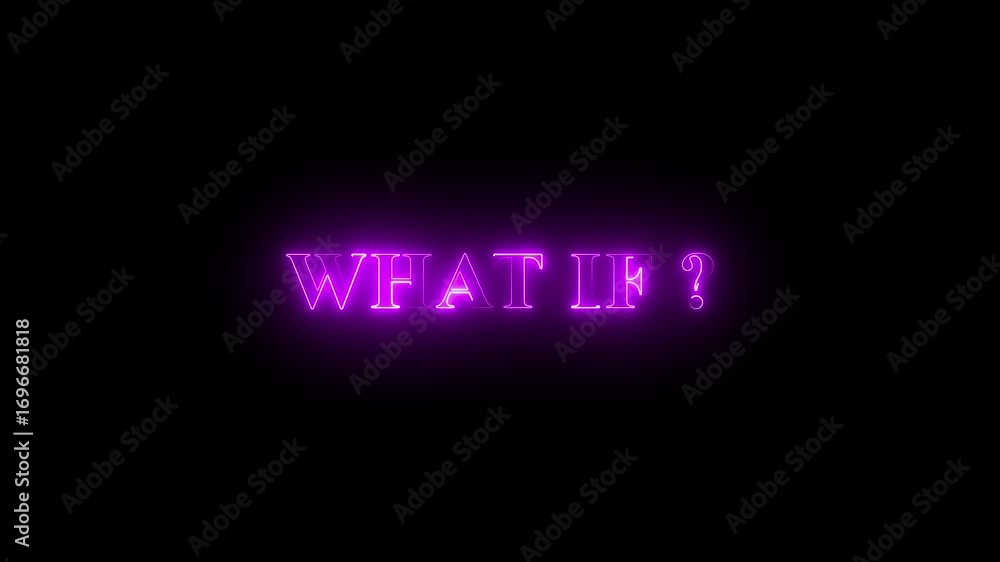 Poster purple color neon glowing what if? text icon animation. glowing neon line what if? animation in blac