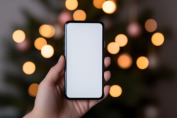 Hand holding a blank smartphone against a festive blurred background, ideal for holiday promotion, app demo or seasonal e-commerce.  Festive bokeh lights