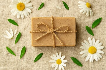 Organic handmade soap with chamomile flowers and green leaves on natural linen fabric background