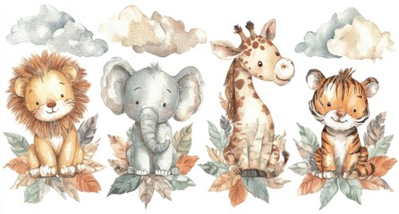 Obraz premium Cute watercolor animal illustration featuring a lion, elephant, giraffe, and tiger, surrounded by autumnal leaves and clouds