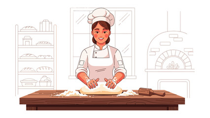Baking Bliss: A smiling baker, adorned in traditional attire, kneads dough at a rustic wooden table, the inviting aroma of freshly baked goods permeating the air. 