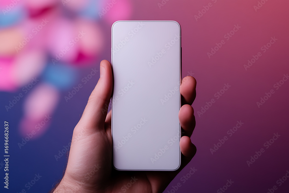 Poster hand holding a blank mobile phone against a colorful gradient background, showcasing modern technolo